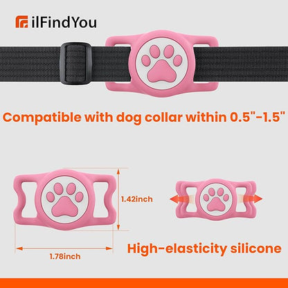 4 Pack IP68 Waterproof Compatible with Air Tag Dog Collar Holder, Silicone Dog Air tag Holder for Apple Air Tag (Black&Pink&Blue&Rosered)