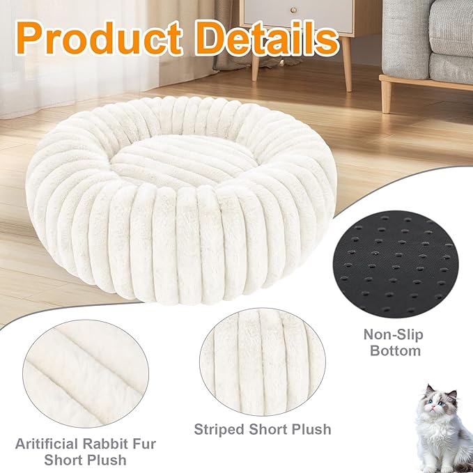 Washable Large Dog Bed,Calming Anti Anxiety Round Donut Dog Bed,Fluffy Puppy Beds for Small Dogs,Cute Kitten Cat Beds for Indoor Cats,Anti-Slip Comfort Pet Beds for Large Size(White,XL)