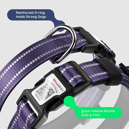 Airtag Dog Collar, Reflective Ultra-Durable Nylon Padded with QR Code Buckle & IP68 Waterproof Air Tag Holder Compatible for Apple AirTag, Comfortable for Small Medium Large Dogs(Purple,L)