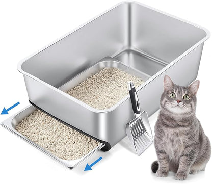Stainless Steel Litter Box with Pull-Out Pan, 23.6" L x 15.7" Drawer Type Semi-Enclosed Cat Litter Box with Litter Scoop for Big Cat Easy Cleaning