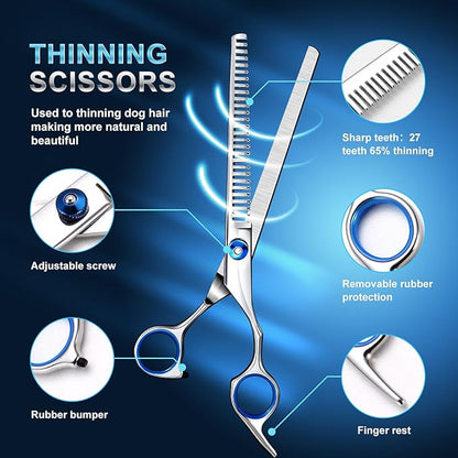 Professional Dog Grooming Scissors Set, 8-in-1 Stainless Steel Pet Grooming Kit with Hair Comb, Nail Clipper & Brush for Dogs, Cats at Home