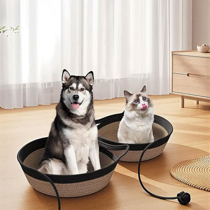 Cotton Rope Woven Cat Bed Basket, Hand Woven Cat Bed with Toy Tail, Small Dogs Sofa Bed, Pet Sleeping Bed Basket for Indoor Cats, Puppies, Rabbits (Large, Black & Brown)