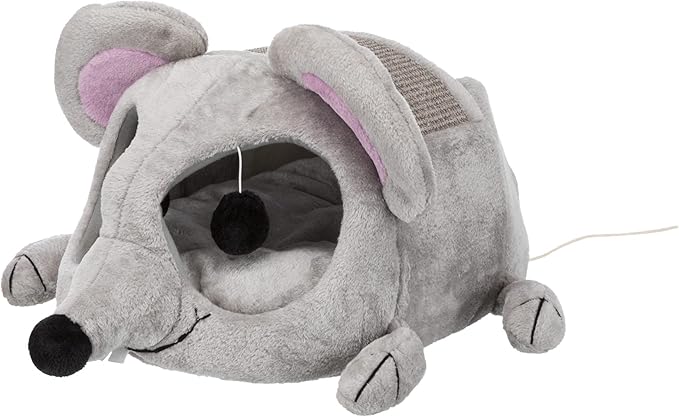 TRIXIE Lukas Cuddly Cave, Plush Mouse Character Cat Condo, Sisal Cat Scratcher, Crinkle Fabric, Padded Bed, Gray