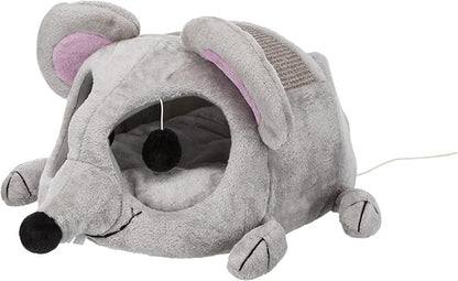 TRIXIE Lukas Cuddly Cave, Plush Mouse Character Cat Condo, Sisal Cat Scratcher, Crinkle Fabric, Padded Bed, Gray
