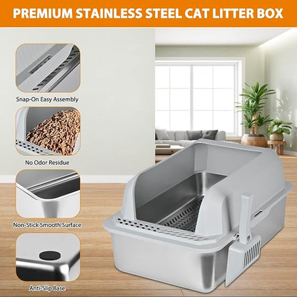 Homegroove Stainless Steel Sifting Litter Box for Pine Pellets, 23.6''Lx15.7''Wx12''H Cat Litter Box with Lid for Indoor Cats Metal Pellet Sifter Litter Pan with Plastic Scoop &10 Urine Pads (6 Inch)
