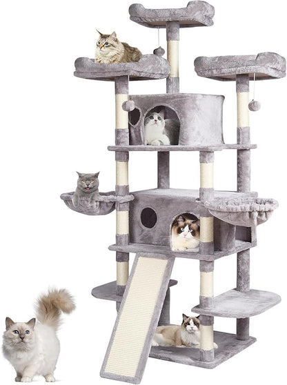 VEVOR Cat Tree for Indoor Cats, 68.5" Cat Tower with 2 Cat Condos, Sisal Scratching Post, Hammocks, Top Perches, Jumping Platforms and Ramp, Cat Furniture Activity Center with Hang Balls, Light Grey