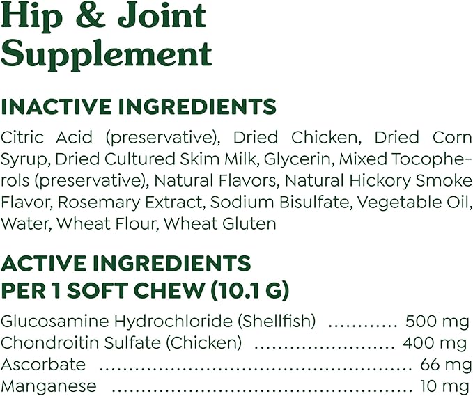 Greenies Supplements Hip and Joint Supplements for Dogs, with Chondroitin & Glucosamine for Dogs, Chicken Flavor, 6.08 oz. Pouch, 30 Count