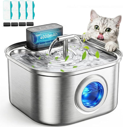 Cordless Cat Water Fountain Stainless Steel,3.2L/108oz Rechargeable | Wireless Battery Operation, Motion Sensor, Automatic Water Flow, Quiet Pump, Includes 4 Replacement Filters