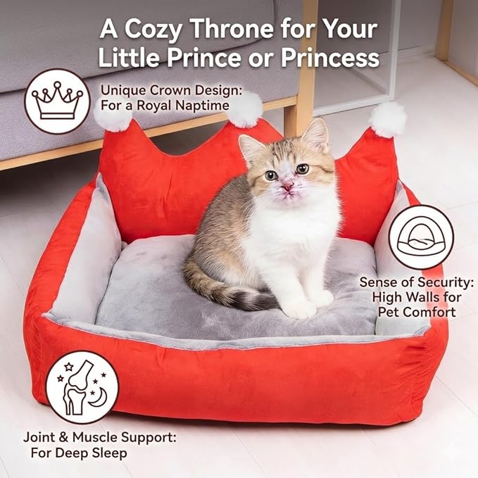 Cute Crown Pet Princess Beds for Small Dogs Luxurious Crown Dog Priness Beds Winter Warm Puppy Cat Sofa Bed Shih Tzu Yorkies Kennels Removable Mascotas Supplies (Red Crown, M Below 9.0kg)