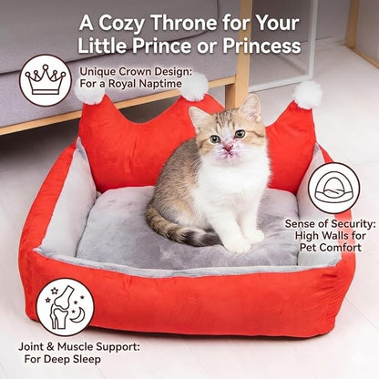 Cute Crown Pet Princess Beds for Small Dogs Luxurious Crown Dog Priness Beds Winter Warm Puppy Cat Sofa Bed Shih Tzu Yorkies Kennels Removable Mascotas Supplies (Red Crown, S Below 4.0kg)