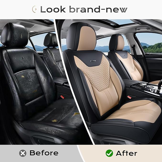 Coverado Car Seat Covers Full Set, Front Seat Covers with Lumbar Support and Back Seat Cover Waterproof Leather Automotive Seat Cover, Universal Car Interior Protectors Cushion for Most Cars