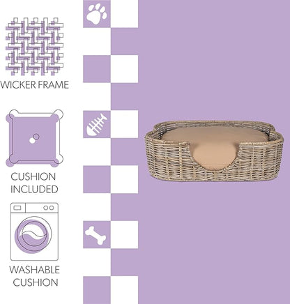 DBD1002A Scallop 27" x 18.25" Tropical Handwoven Rattan Dog Bed with Machine Washable Cushion, Kubu Gray