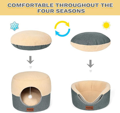 Cat Cave Bed, 2-in-1 Cat House & Lounge with Reversible Plush Cushion, Calming Anti-Anxiety Round Design for Indoor Cats, Kittens, Small Dogs & Puppies, Foldable Round Hideaway, 17.5 Inches
