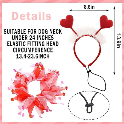 Dog Outfit, Red Glitter Heart Dog Headband and Tutu Collar Costume Set, Valentine’s Party Accessories for Small Medium Large Dogs Style A