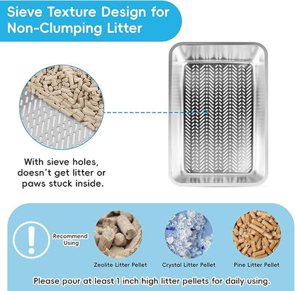 Stainless Steel Sifting Litter Box, 23.6" L x 15.7" W x 8" H Semi-Enclosed Metal Cat Litter Box with Sifting Pan, Scoop for Big Cat Easy Cleaning