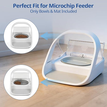 Bowl & Mat Set for Automatic Microchip Cat Feeder, 1 Flat & 1 Split Bowl with Sealing Ring + 1 Mat, Keep Food Fresh, Easy to Clean (Grey)
