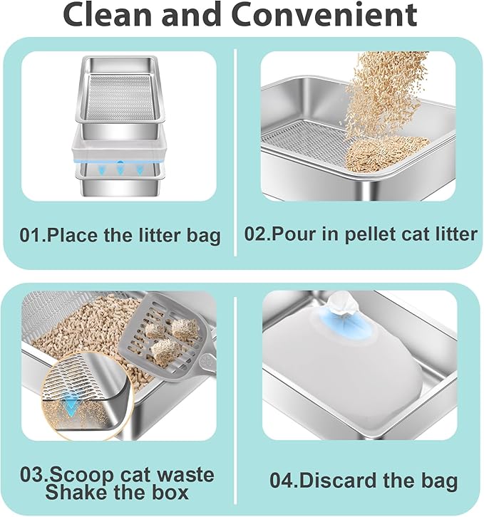Stainless Steel Sifting Litter Box for Pine Pellets,Sifting Cat Litter Box for Wood Pellets,Extra Large Sifter Litter Pan System with Litte Liners and Scoop-20 ''Lx 13.8''W x 6''H