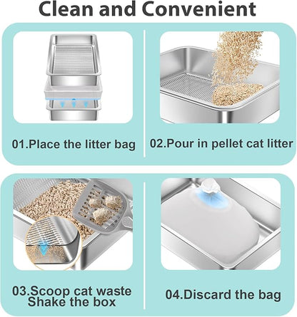 Stainless Steel Sifting Litter Box for Pine Pellets,Sifting Cat Litter Box for Wood Pellets,Large Sifter Litter Pan System with Litter Liners and Scoop-17.72'' L x13.78'' W x6''H