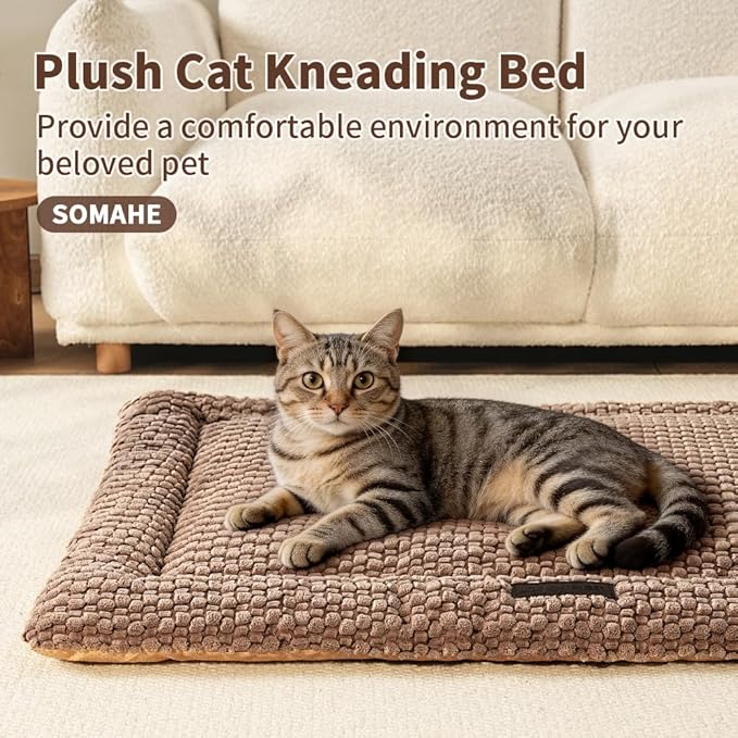 Plush Cat Kneading Bed Mat, Premium Plush Fabric Bed with Non-Slip Bottom, 3cm Thick All-Season Cushion for Cats Who Knead, Machine Washable Anti-Static Pet Bed, 23x15 Inch, Coffee