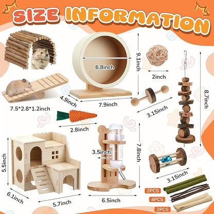 18 Pcs Hamster Cage Accessories, Silent Hamster Wheel, 15 Chew Toys Set, Maze Wood House and Water Bottle Set for Rat Mice Small Animals Habitat (Harmony Wooden Style)