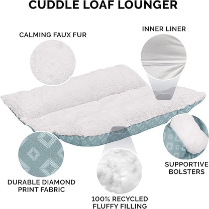 Furhaven Cat Bed for Indoor Cats, Washable w/ Removable Bolsters, For Pets Up to 9 lbs - Plush & Diamond Print Cuddle Loaf Mat - Aqua, Small