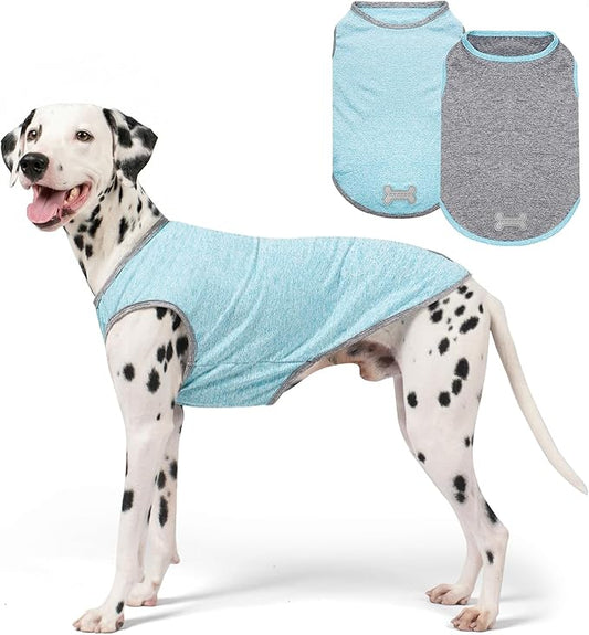 KYEESE 2Pack Dog Shirt, Lightweight Sun Protection Sleeveless Dog T Shirts for Medium Large Dogs Boy, Breathable Pet Reflective Tank Top Summer Dogs Clothes for Outdoor Walking, Grey+Sky Blue, 2XL