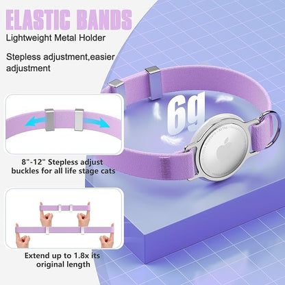 AirTag Cat Collar, Ultra Elastic Cat Tracker Collar, Airtag Holder Compatible with Apple Air Tag, [Lightweight & Scratch Resistant] Adjustable Stepless GPS Pet Collar for Cats Kittens, Purple