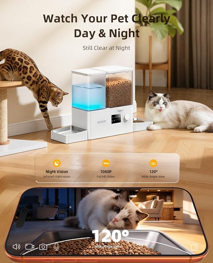 Automatic Cat Feeder with Camera, 1080P HD Video & Night Vision,5G WiFi App Control Timed Pet Feeded, 2-in-1 5L Dog Food Feeder & 3.5L Water Dispener with Removable Stainless Steel Bowl