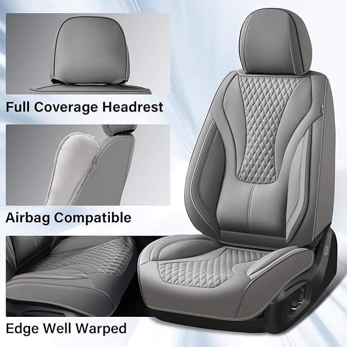 Coverado Waterproof Nappa Leather Car Seat Covers, Automotive Seat Covers Fullset, 5 Seat Car Seat Cushion & Car Seat Protector, Gray Front and Rear Covers Universal Fit for Most Cars, SUVs, Trucks