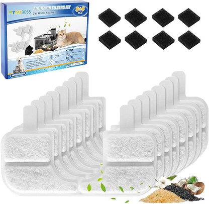 Cat Water Fountain Filter Replacement Compatible with Qinliy 3.5L Stainless Steel Fountain, Carbon Water Filter Cat Fountain with Pump Sponges, 8+8 Pack