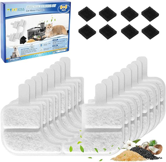 Cat Water Fountain Filter Replacement Compatible with Qinliy 3.5L Stainless Steel Fountain, Carbon Water Filter Cat Fountain with Pump Sponges, 8+8 Pack