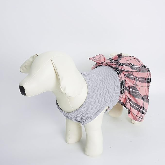 PUPTECK Classic Plaid Dog Dress Pet Apparel with Cute Bowtie Puppy Clothes Outfit,Grey,M