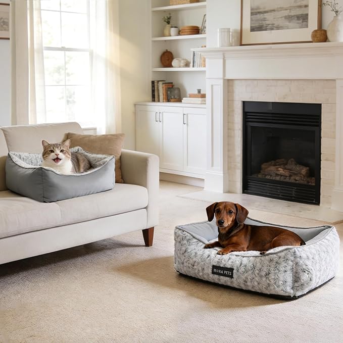 Mora Pets Reversible Cat Bed for Indoor Cats and Small Dogs Washable - Cool & Warm 2-in-1 Anti Anxiety Calming Pet Bed for Summer, Rectangle Puppy Bed with Fluffy Grey Rose (20″x19″x6″)