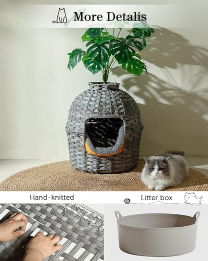 SETVSON Cat Litter Box Plant Enclosure, Hidden Handwoven Rattan with Cat Litter Box Furniture and Artificial Plants, Odor Control Filter, Real Stones in Living Room, Bedroom, Corner (Gray)