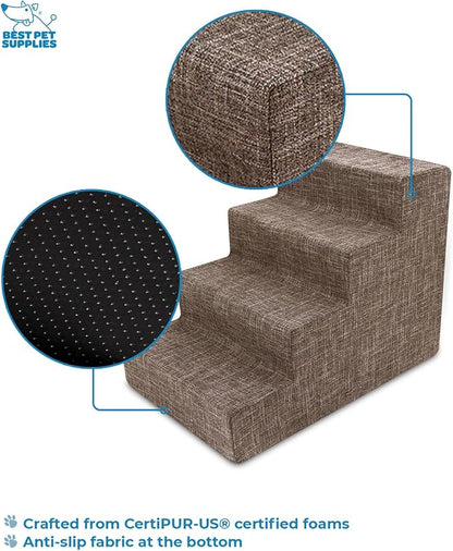 Best Pet Supplies Dog Stairs & Steps - Foam Steps for Small Dogs & Cats, Non-Slip Indoor Balanced Pet Step Support, Dog Ramp, No Assembly, Brown Linen, 4-Step (18-inch Height)