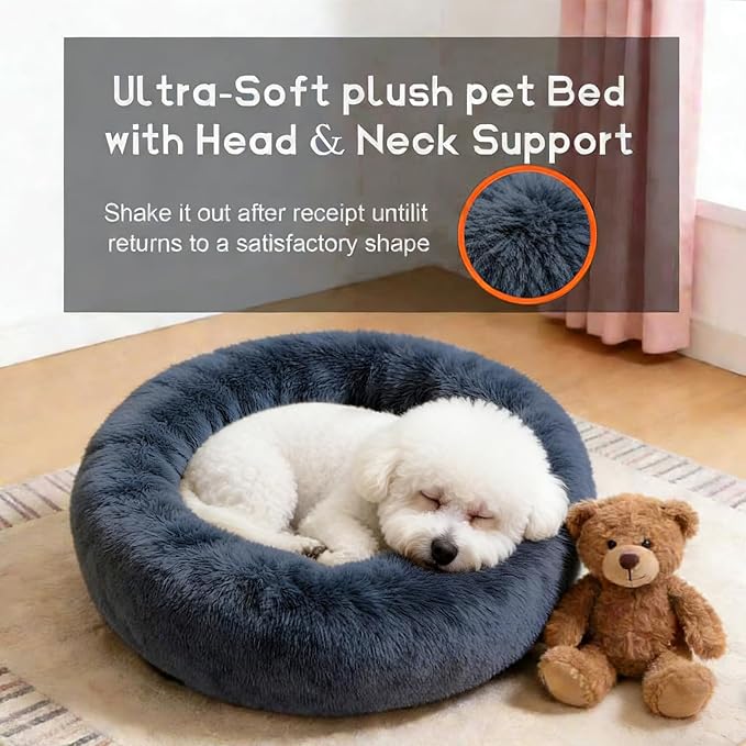 Comfort Donut Dog Bed for Small Dogs, Cat Bed & Pet Bed for Indoor Use, Medium Size with Soft Plush, Round Dog Beds for Large Dogs and Cats (Gray, 36''Lx36''Wx8''Th)