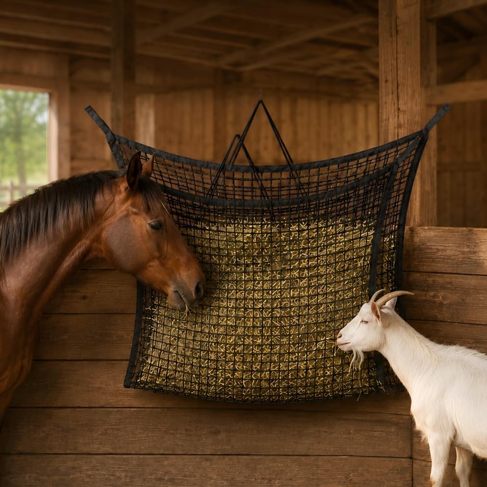 2.6x2.6 Ft Round Bale Hay Net for Horses & Goats, 1.2" Holes Slow Feeder Hay Nets with Hay Net Repair Tool