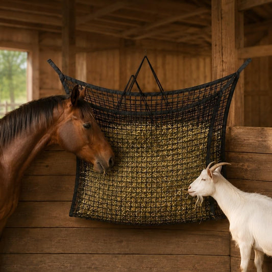 2.6x2.6 Ft Round Bale Hay Net for Horses & Goats, 1.2" Holes Slow Feeder Hay Nets with Hay Net Repair Tool