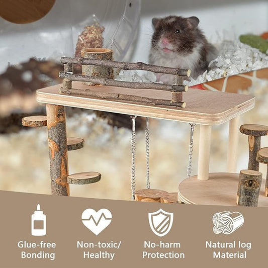 VolksRose Wooden Hamster Playground Platform, Hamster Climbing Toy, Natural Living Climb System, Small Animals Activity Set with Ladder Food Bowl Ramp Bridge for Mouse Gerbil Rat Chinchilla