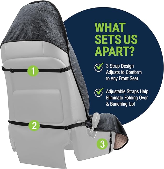 Season Guard Terry Cloth Sweat Towel Seat Cover; Carseat Towel Protector; Great for Gym Workout; Waterproof; Universal Fit for Car SUV Van Truck; EZ fit; Non Slip Grip; Machine Washable; 2pc Grey