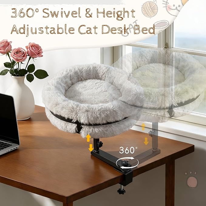 Cat Bed for Desk 360 Rotating with Adjustable Height, Removable Desk Mounted Kitty Bed with Soft Fur, Desktop Cat Hammock Supports 33 lbs for Table Home Office Indoor