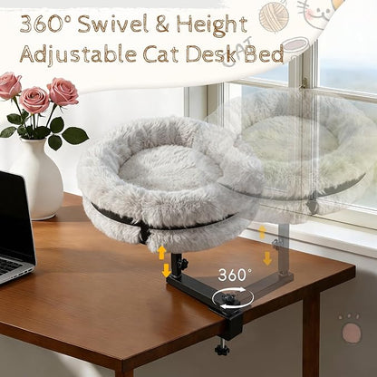 Cat Bed for Desk 360 Rotating with Adjustable Height, Removable Desk Mounted Kitty Bed with Soft Fur, Desktop Cat Hammock Supports 33 lbs for Table Home Office Indoor