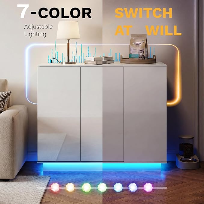 Large Hidden Litter Box Furniture with Led Light & Power Outlets, Modern Cat Litter-Box Enclosure for Self-Cleaning Litter Boxes, Indoor Wooden Storage Cat Cabinet, High-Gloss White