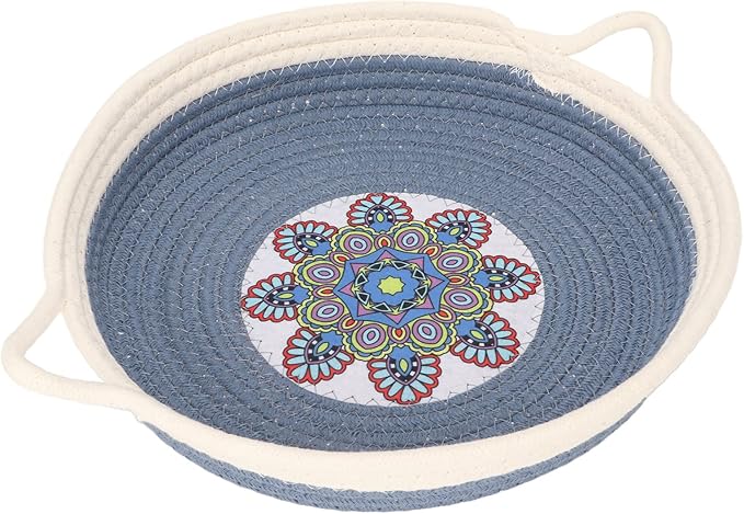 Cotton Rope Woven Cat Bed Simple Hand Woven Double Sided Cat Bed Basket for All Seasons(Dusty Blue)