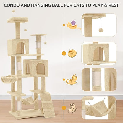 YITAHOME 190.5 cm Tall Heavy Duty Cat Trees for Large Cats, 75inch Maine Coon Tower Indoor with Scratching Post, Hammock, Cat Condo for Adult Cats,Beige
