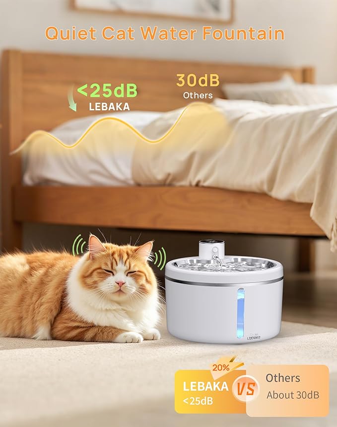 Wireless Cat Water Fountain with Stainless Steel Tray, 102oz/3L Pet Fountain for Cats Inside, Cat Fountain for Drinking with Motion Sensor, Ultra Quiet Pump for Pets&Small Animals (102oz+2Filters)
