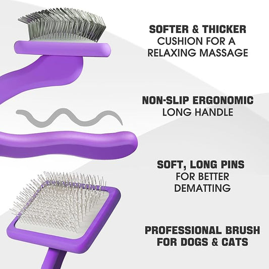 Bonteck Dog Slicker Brush for Dogs Grooming Kit 4PCS | Large Dog Brush for Goldendoodles Poodles Doodles | Long Pin Haired Brush | Poodle Brushes and Comb (Purple)