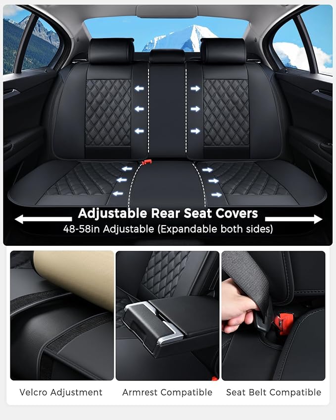 Huidasource Car Seat Cover, Nappa Leather Seat Covers, Velcro Adjustable, Compatible with Airbags, Armrests, Child Seat, Seat Belts, Universal Fit for Most Cars, Vans, Trucks, SUVs (Full Set/Black)