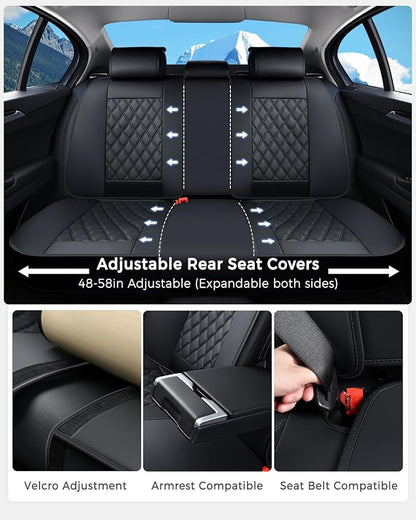 Huidasource Back Seat Cover, Nappa Leather Rear Seat Cover Velcro Adjustable, Compatible with Armrests, Seat Belts, Child Safety Seats, Fit for Most Cars SUVs Trucks (Back Row/Black)