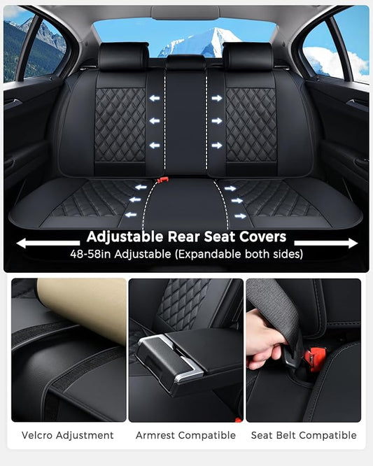 Huidasource Back Seat Cover, Nappa Leather Rear Seat Cover Velcro Adjustable, Compatible with Armrests, Seat Belts, Child Safety Seats, Fit for Most Cars SUVs Trucks (Back Row/Black)